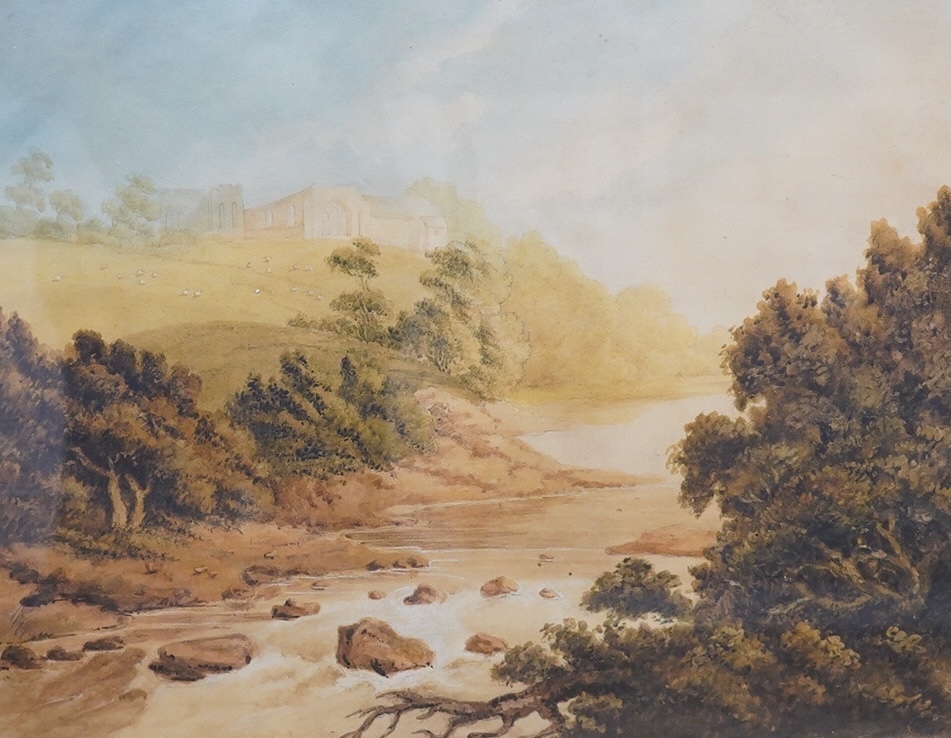 19th century, English School, watercolour, River landscape with hilltop abbey ruins, unsigned, 37 x 47cm. Condition - fair